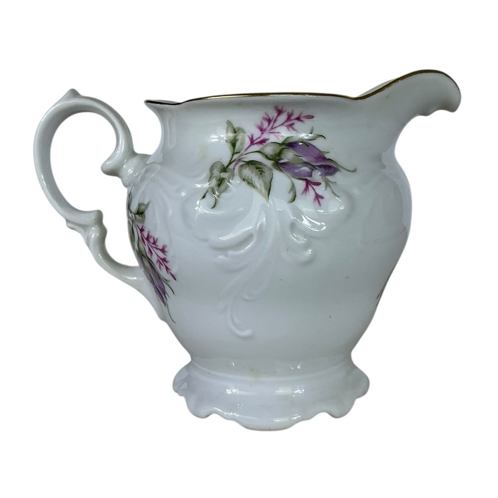 White Porcelain Creamer with Purple Floral Accent